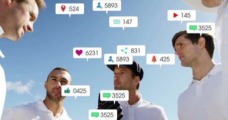 Image of social media icons with growing numbers over diverse male cricket players