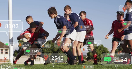 Image of social media icons with growing numbers over diverse male rugby players