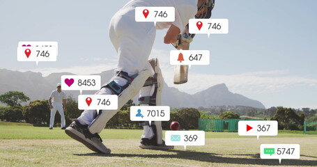 Image of social media icons with growing numbers over diverse male cricket players