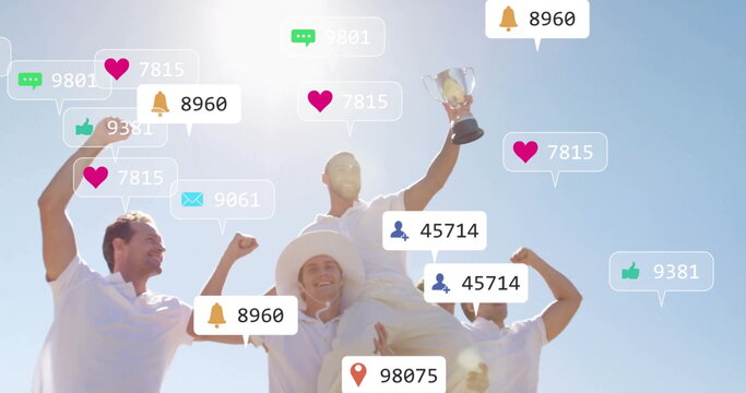 Image of social media icons with growing numbers over diverse male cricket players celebrating