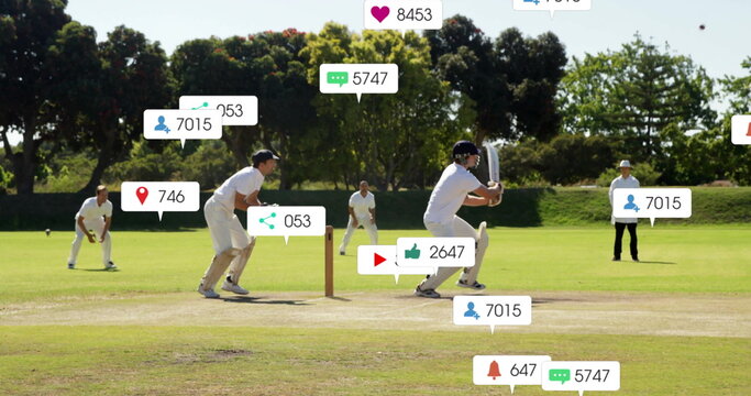 Image of social media icons with growing numbers over diverse male cricket players