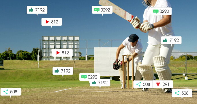 Image of social media icons with growing numbers over caucasian male cricket players