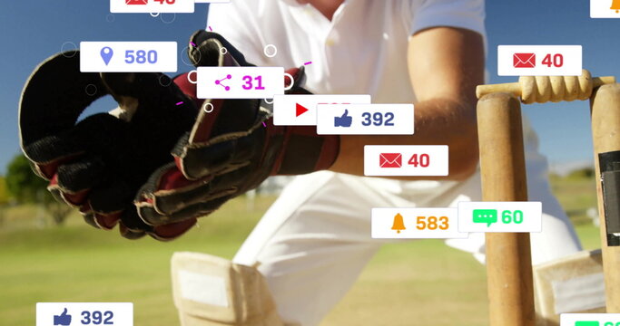 Image of social media icons with growing numbers over caucasian male cricket player