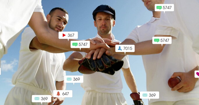Image of social media icons with growing numbers over diverse male cricket players teaming up