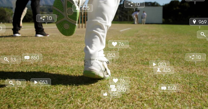 Image of social media icons with growing numbers over diverse male cricket players