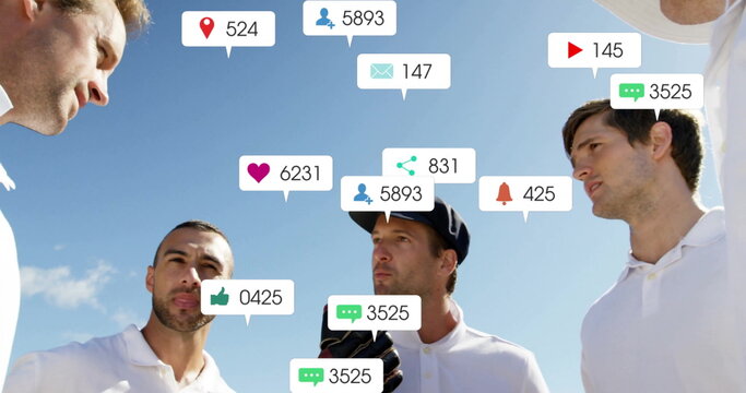Image of social media icons with growing numbers over diverse male cricket players