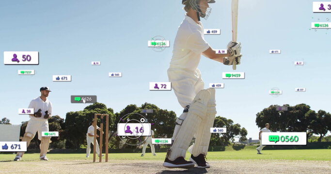 Image of social media icons with growing numbers over diverse male cricket players - Powered by Adobe