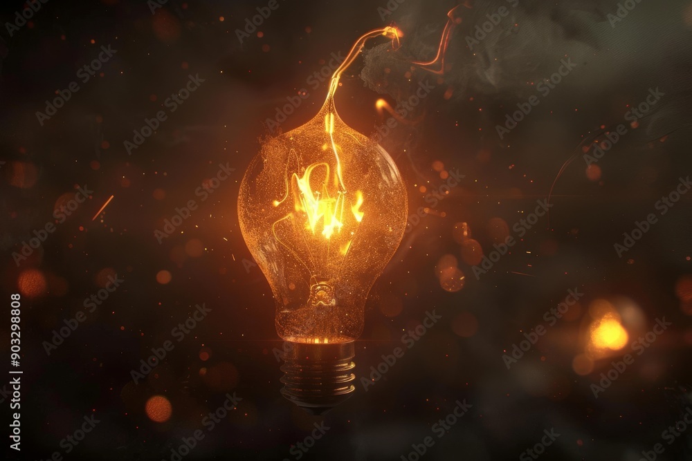 Poster glowing light bulb with golden particles signifying innovative ideas creativity and the magic of ins