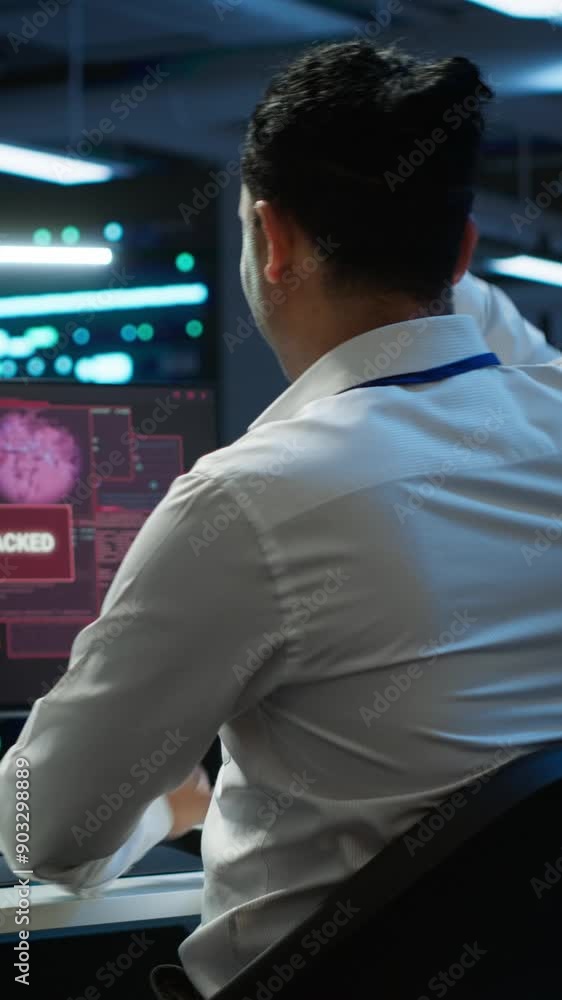Poster vertical video computer scientists in server room protect hardware from hacker attack stealing sensi