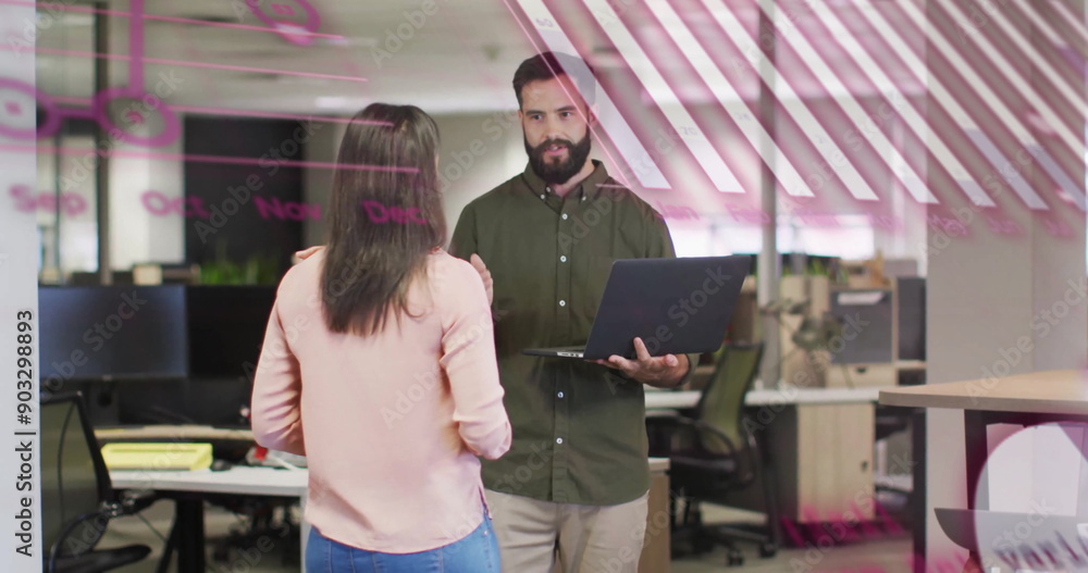 Poster discussing project, man holding laptop with image of code over office setting