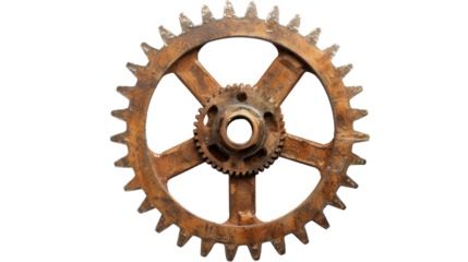 Old brass metal gears on transparent background