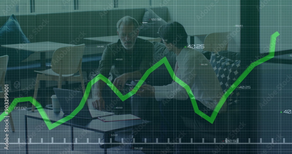 Poster image of financial data processing over diverse colleagues discussing work in office