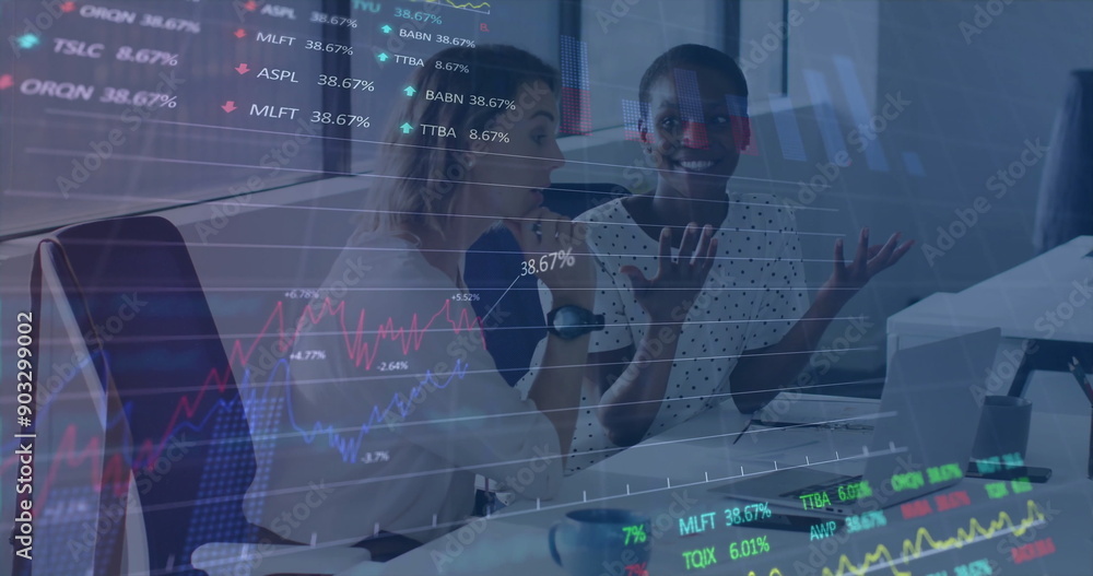 Poster image of financial data processing over diverse colleagues discussing work in office