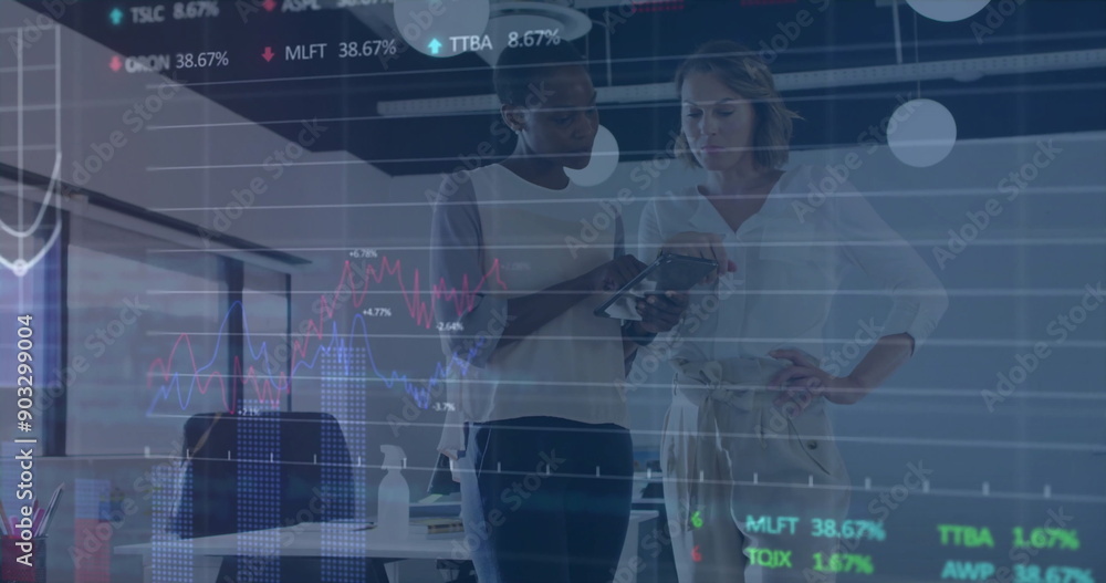 Poster image of financial data processing over diverse colleagues discussing work in office