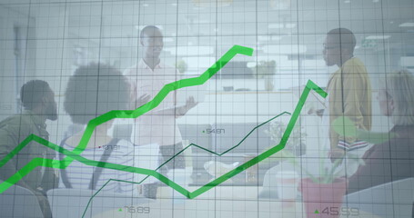 Image of financial data processing over diverse colleagues having meeting in office