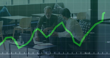 Image of financial data processing over diverse colleagues discussing work in office