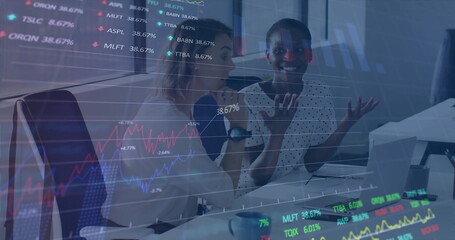 Image of financial data processing over diverse colleagues discussing work in office