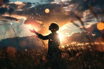 Obraz premium Silhouetted Figure Reaches for Glowing Light During Sunset in Scenic Field