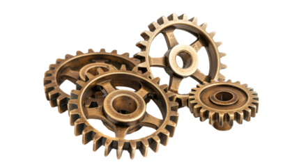 Old brass metal gears on transparent background