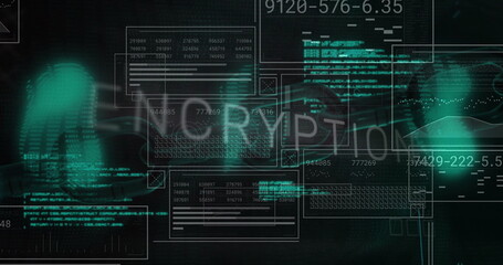Image of encryption text and chain over data processing on dark interface screens