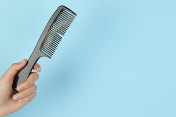 Obraz premium Woman holding comb with lost hair on light blue background, closeup. Space for text