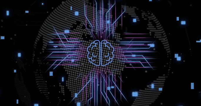 Image of digital data processing, brain and circuit board over black background