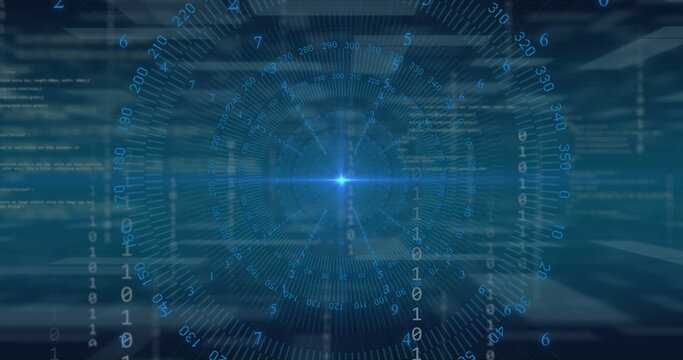 Image of circular scanner over blue light and data processing on dark background