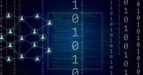 Image of moving layers of processing data and people networks on dark background