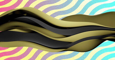 Image of gold to black layers waving over multi coloured background