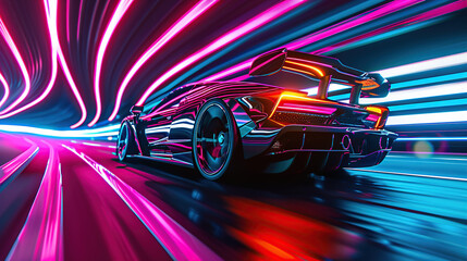 A high-speed race car in motion blur with speed lines at night time on the track