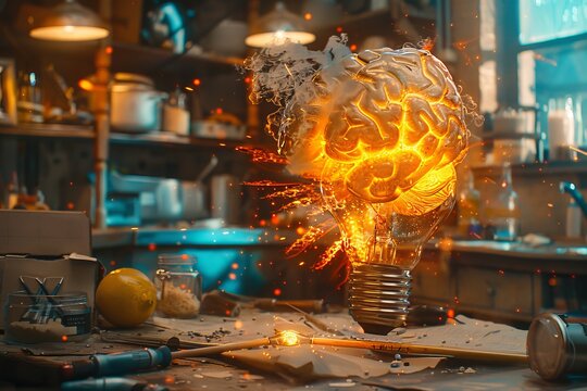 Exploding brain light bulb in a cluttered workshop symbolizing the burst of innovative ideas creativity and intellectual power in a dynamic industrial setting.