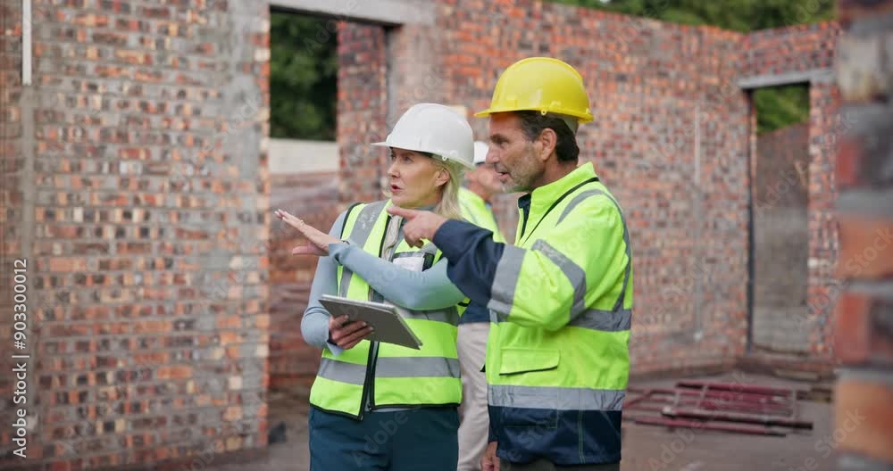 Poster Architect, planning and teamwork on construction site with tablet for architecture, development and project. Mature man, update and collaboration with contractor for engineering or building progress