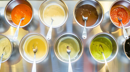 sauce station in a restaurant with stainless steel appliances and food processing station, Hot and Cold foods, Pastry and Preparation Station, Sauce and baking  preparation unit 