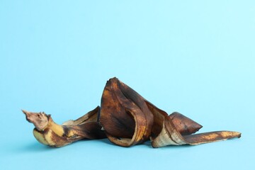 Banana peel with dark spots on light blue background