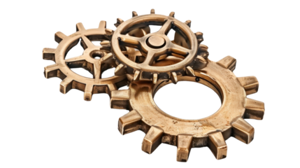 Old brass metal gears on transparent background