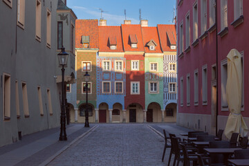 Facades of old colorful houses on the Town Hall Square in Poznan