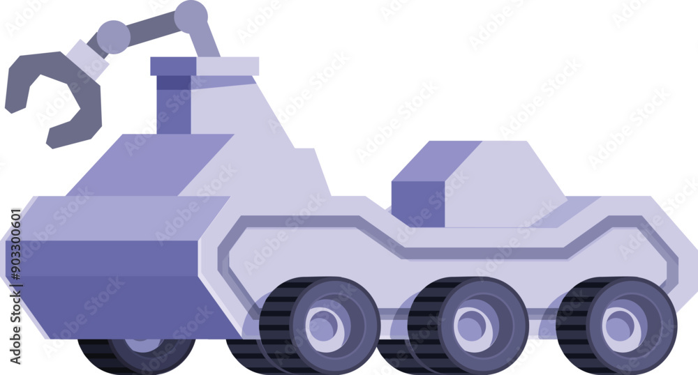 Poster autonomous vehicle with six wheels and a robotic arm is traversing an alien landscape