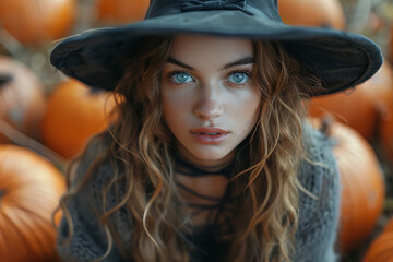 A girl in a witch costume with a traditional pointed hat, ready for Halloween festivities