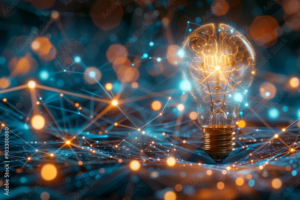 Poster Light bulb with glowing network connections symbolizing technological innovation connectivity and the spark of new ideas in a vibrant futuristic setting.