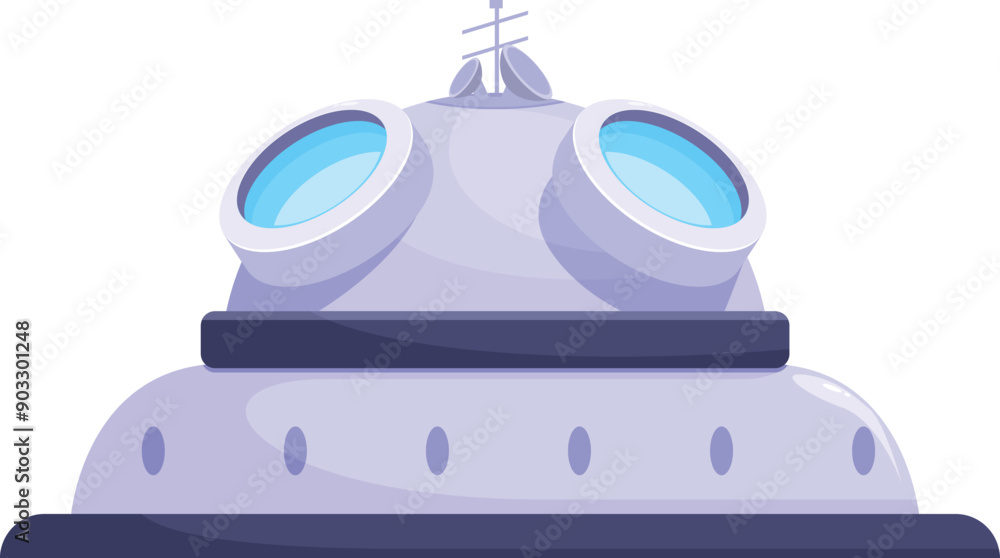 Poster cartoon spaceship is landing with its windows illuminated
