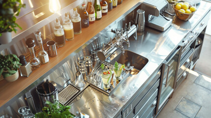 kitchen interior of a commercial restaurant with stainless steel appliances and food processing station, Hot and Cold foods, Pastry and Preparation Station, Sauce and baking  preparation unit