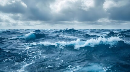 Fototapeta premium Close-up view of blue ocean waves and cloudy sky