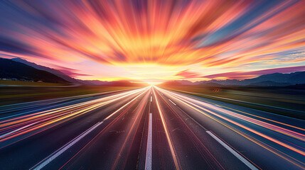 A highway at sunset with long exposure motion blur