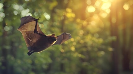 Flying Pipistrelle bat in natural forest background