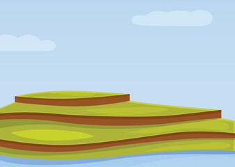 Cartoon illustration featuring green hills forming steps descending towards a blue lake under a cloudy sky