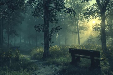 Obraz premium Eerie Shadows Dance in the Mist A Solitary Bench Awaits in the Daybreak's Embrace, Where Nature's Whispers Echo Through the Ancient Trees, Unveiling a Tranquil, Yet Haunting, Atmosphere