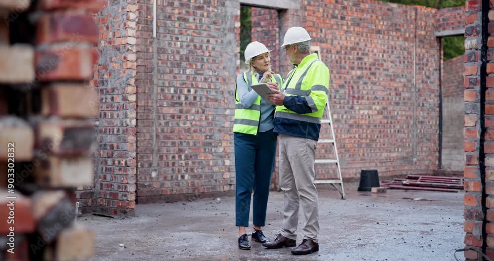 Poster tablet, research or people planning in construction site for building architecture or engineering in