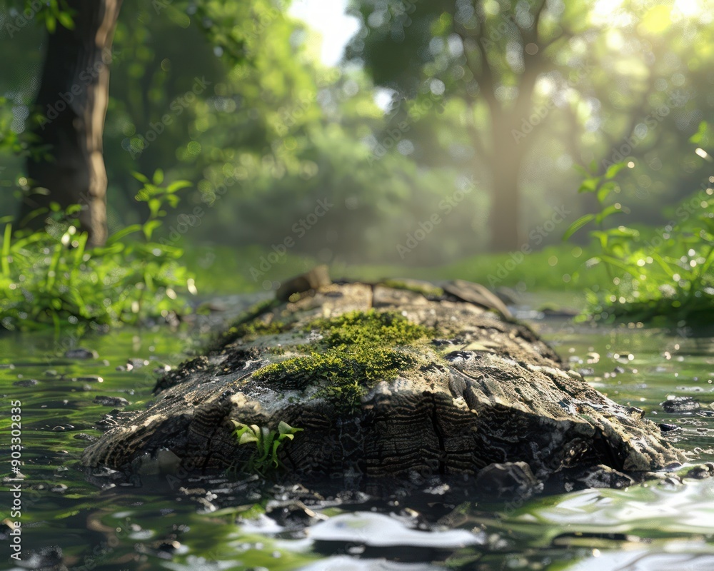 Poster stunning high resolution photorealistic image of a moss covered log in a tranquil timberland stream 
