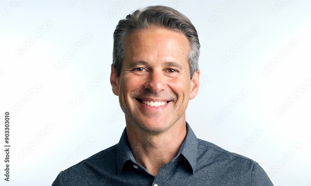 Sticker Portrait of handsome middle-aged man smiling at camera while standing against white background