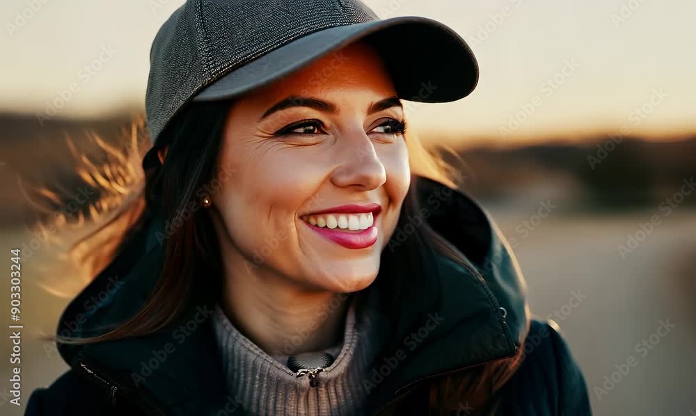 Sticker Portrait of a beautiful woman wearing cap and jacket smiling at camera